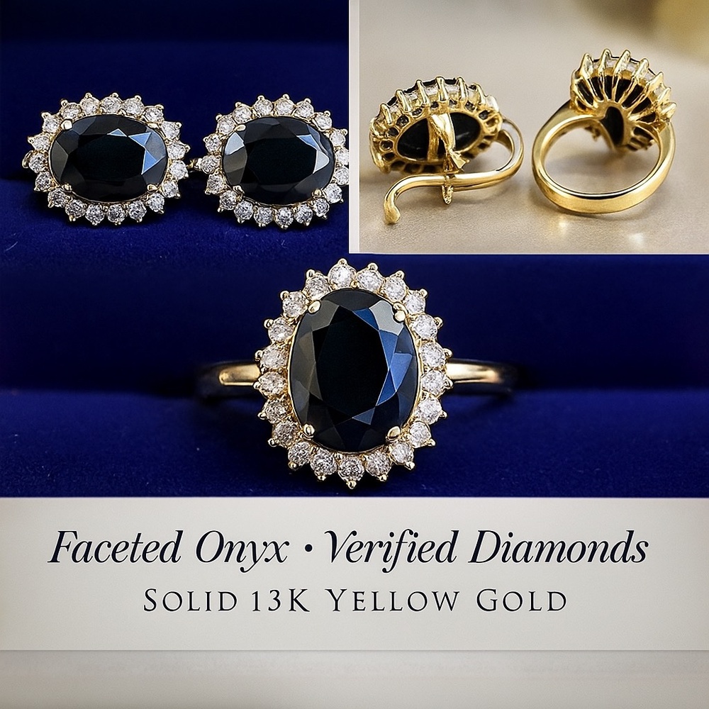 Estate 14K Gold Faceted Onyx & Diamond “‘Halo Design” | Ring & Earrings Set